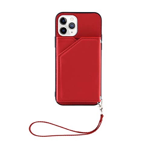 VQWQ Wallet Case iPhone 13 Pro 6.1" - Schlüsselband Handyhülle mit Kartenhalter Handschlaufe Ständer Metall-Knopf Volltonfarbe Magnet Lederhülle für iPhone 13 Pro 6.1" [CHS] -Red von VQWQ