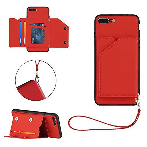 VQWQ Wallet Case iPhone 8 Plus - Schlüsselband Handyhülle mit Kartenhalter Handschlaufe Ständer Metall-Knopf Volltonfarbe Magnet Lederhülle für iPhone 8 Plus/iPhone 7 Plus 5.5" [CHS] -Red von VQWQ