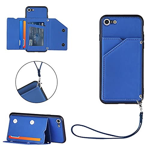 VQWQ Wallet Case iPhone 8 - Schlüsselband Handyhülle mit Kartenhalter Handschlaufe Ständer Metall-Knopf Volltonfarbe Magnet Lederhülle für iPhone 8 / iPhone 7 4.7" [CHS] -Blue von VQWQ