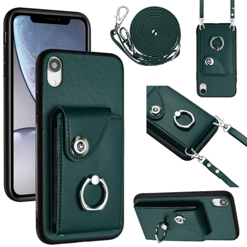 VQWQ Wallet Case iPhone X - zum Umhängen Orgel Magnet Handyhülle Kartenhalter Handschlaufe Metall-Knopf 360° Drehbarer Ring Lederhülle für iPhone X/iPhone XS 5.8" [R20] -Green von VQWQ