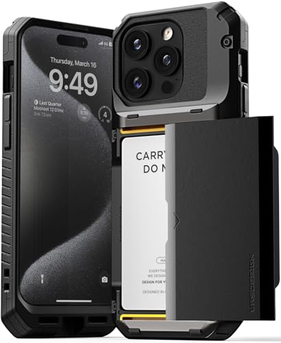VRS DESIGN Damda Glide Pro, Schutzhülle für iPhone 15 Pro, stabile halbautomatische Brieftasche, 4 Karten, Kartenhalter, kompatibel mit iPhone 15 Pro (2023), Logo, Schwarz von VRS Design