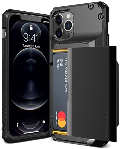 VRS DESIGN Damda Glide Pro Handyhülle für iPhone 12/12 Pro, mit [4 Karten], hochwertig, stabil, halbautomatisch, Kreditkartenschlitz, Brieftasche für iPhone 12/12 Pro 6,1 Zoll (2020), Logo, Schwarz von VRS Design