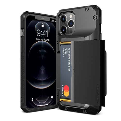 VRS DESIGN Damda Glide Pro Handyhülle für iPhone 12 Pro Max, mit [4 Karten], hochwertig, stabil, halbautomatisch, Kreditkartenschlitz, Brieftasche für iPhone 12 Pro Max 6,7 Zoll (2020), Logo, Schwarz von VRS Design
