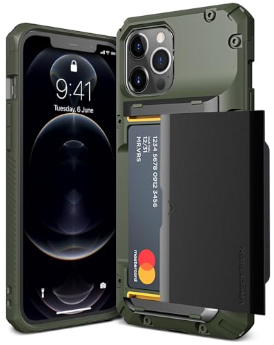 VRS DESIGN Damda Glide Pro Handyhülle für iPhone 12 Pro Max, mit [4 Karten], hochwertig, stabil, halbautomatisch, Kreditkartenschlitz, Brieftasche für iPhone 12 Pro Max 6,7 Zoll (2020), Logo, Grün von VRS Design