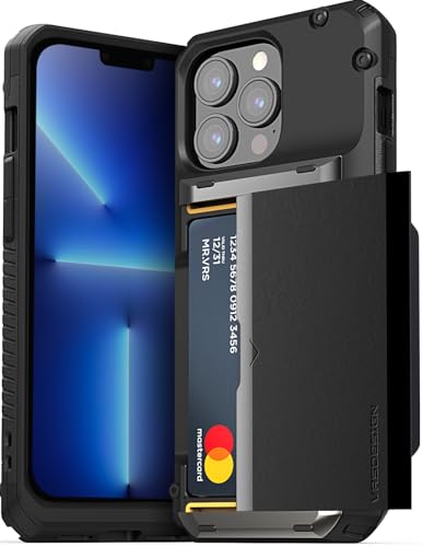 VRS DESIGN Damda Glide Pro Handyhülle für iPhone 13 Pro, stabile halbautomatische Brieftasche, [4 Karten] Hülle mit Kartenschlitzhalter, kompatibel mit iPhone 13 Pro Hülle (2021), Logo, Schwarz von VRS Design