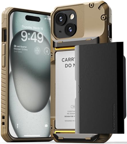 VRS DESIGN Damda Glide Pro Handyhülle für iPhone 15, stabile halbautomatische Brieftasche, 4 Kartenfächer, kompatibel mit iPhone 15 Hülle (2023), Logo, Khaki von VRS Design