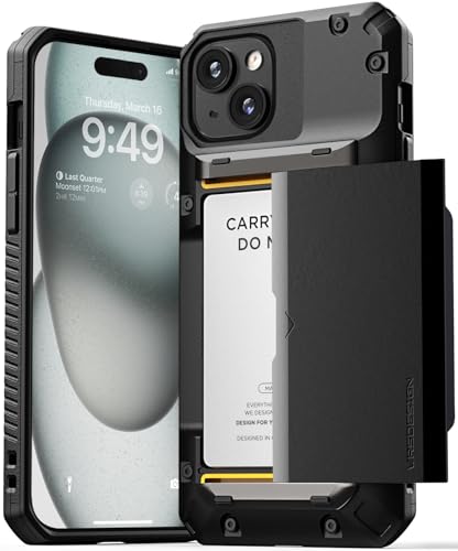 VRS DESIGN Damda Glide Pro Handyhülle für [iPhone 15 Plus], stabile halbautomatische Brieftasche, 4 Kartenfächer, kompatibel mit iPhone 15 Plus Hülle (2023), Logo, Schwarz von VRS Design