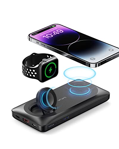 VRURC Magnetische Powerbank 10000mAh kabelloses tragbares Ladegerät 3 in 1 Power Bank USB C Schnellladung Externer Akku 4 Ausgänge 3 Eingänge kompatibel mit iPhone, Apple Watch und AirPods, Samsung von VRURC