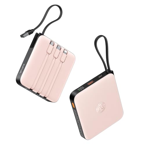VRURC Power Bank 20000mAh mit Kabel Klein USB C Powerbank Schnelles Aufladen Mini Tragbares Ladegerät Externer Akku Klein und leicht mit 4 Ausgänge 3 Eingänge LED-Anzeige für iPhone Huawei Samsung usw von VRURC