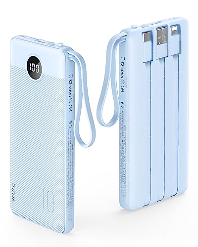 VRURC Powerbank 10000mAh mit Kabel, Power Bank Tragbares Ladegerät USB C Externer Handyakkus LED Display mit 5 Ausgängen 2 Eingänge Kompatibel mit iPhone/Huawei/Samsung Smartphone usw - Blau von VRURC