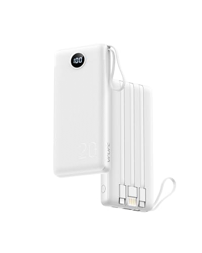 VRURC Powerbank 22,5W Schnelles Aufladen, 20000mAh Power Bank mit Kabel Fast Charging Tragbares Ladegerät USB C PowerBank LED Display Externer Handyakkus Kompatibel mit iPhone,Huawei,Samsung usw Weiß von VRURC