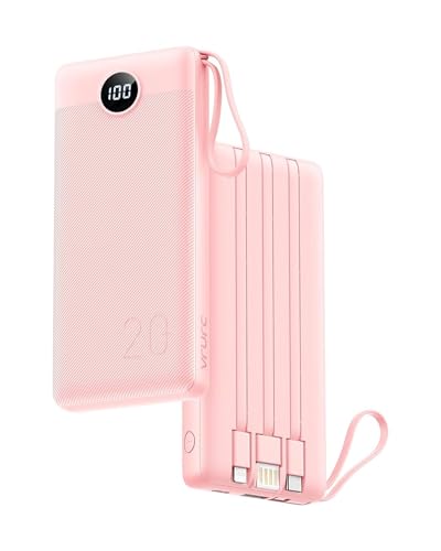 VRURC Powerbank 22.5W Schnelles Aufladen, 20000mAh Power Bank mit Kabel Tragbares Ladegerät USB C LED Display Externer Handyakkus Smartphone Kompatibel mit iPhone, Huawei, Samsung usw - Rosa von VRURC