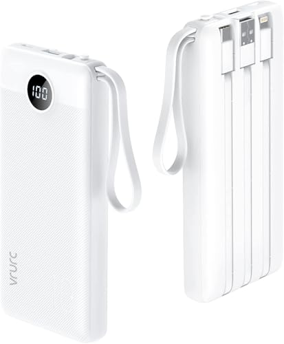 VRURC Powerbank mit Kabel 10000mAh Power Bank Tragbares Ladegerät USB C Externe Handyakkus LED Display mit 5 Ausgängen 2 Eingänge Externer Akku Kompatibel mit iPhone/Huawei/Samsung Smartphone iPad usw von VRURC