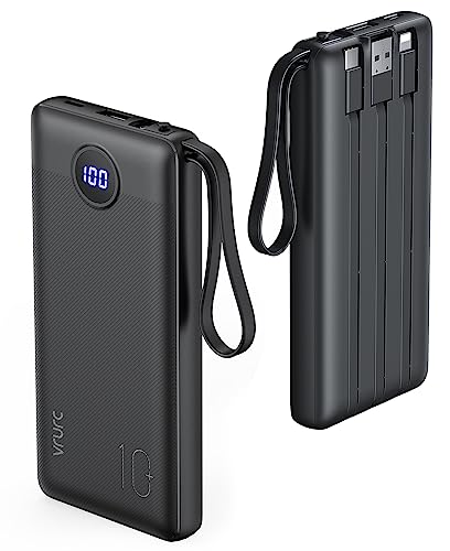 VRURC Powerbank mit Kabel 10000mAh Power Bank Tragbares Ladegerät USB C Externe Handyakkus LED Display mit 5 Ausgängen 2 Eingänge Externer Akku Kompatibel mit iPhone/Huawei/Samsung Smartphone iPad usw von VRURC