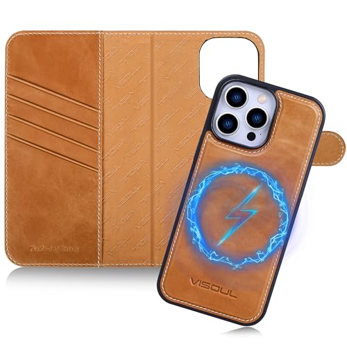 VISOUL Hülle für iPhone 16 Pro max Pro max,Echtleder Handyhülle Abnehmbar kabelloses Laden Kartenfach Stoßfeste 2 IN 1 Klapphülle Handytasche Etui Case Braun VSIP16PMA von VS