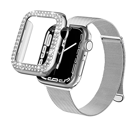 Silbernes Edelstahl-Mesh-Schlaufen-Magnetband mit glitzerndem Stoßfänger-Gehäuse, kompatibel mit Apple Watch Serie 7/8 Band 41 mm, Metall-Milanaise-Armbänder für iWatch Serie 7/8, 41 mm mit flexiblem von VSANT