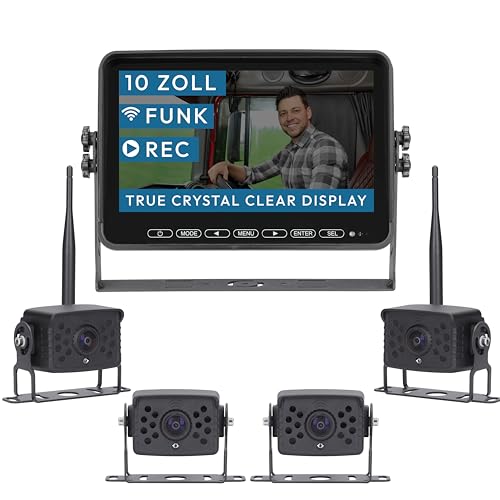 VSG24 10“ Element Wired HD Funk Rückfahrsystem mit 4 Kameras für Wohnmobil & LKW, KFZ Set Rückfahrkamera kabellos + Monitor DIY Nachrüsten 12V-24V Kamera digital Auto Rückspiegel Pferdeanhänger von VSG