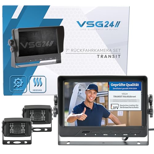 VSG24 24504 Rückfahrkamera 7" Transporter-Set Transit inkl. 2X Kamera, Monitor, Kabel - Wasserdicht Nachtsicht 12V-24V Robustes Rückfahrsystem für Auto Wohnwagen LKW Anhänger Wohnmobile schwarz von VSG