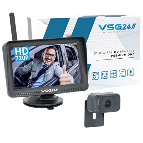 VSG24 5“ HD Funk Rückfahrsystem Premium ONE für PKW, KFZ Set kabellos inkl. Rückfahrkamera + Monitor, einfach zum Nachrüsten 12V-24V, Nummernschild Kamera digital, Auto Rückspiegel Einparkhilfe von VSG