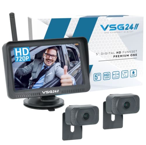 VSG24 5“ HD Set 2 Kameras Funk Rückfahrsystem Premium ONE für PKW, KFZ Set kabellos inkl. Rückfahrkamera + Monitor, einfach zum Nachrüsten 12V-24V, Nummernschild Kamera digital, Auto Rückspiegel von VSG