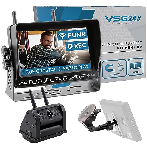 VSG24 7“ Element HD Funk Rückfahrsystem Akku Magnet für Wohnmobil & LKW, KFZ Set Rückfahrkamera kabellos + Monitor DIY Nachrüsten 12V-24V Kamera digital Auto Rückspiegel Pferdeanhänger Dashcam von VSG