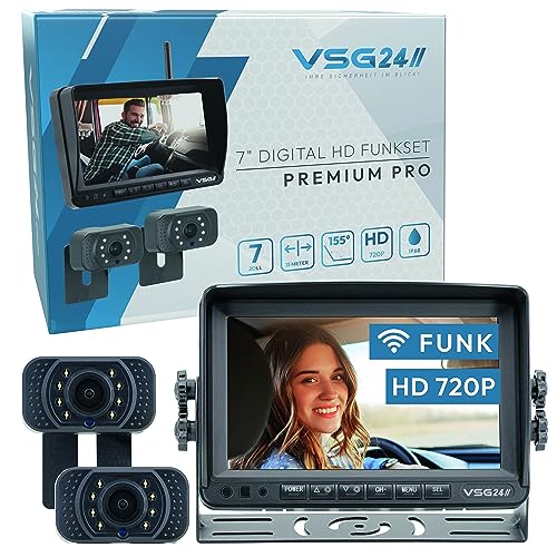 VSG24 7“ Funk Rückfahrsystem Premium PRO HD für Wohnmobil, Pferdeanhänger PKW, KFZ Set kabellos, 2X Rückfahrkamera + Monitor, Nummernschild Kamera Nachrüsten 12V-24V, digital, Auto Rückspiegel von VSG