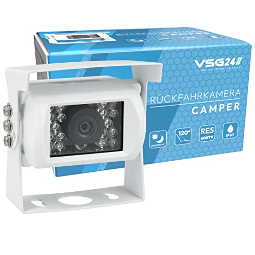 VSG24 Camper Rückfahrkamera Wohnmobil Wohnwagen/Rückfahrsystem Camera/Nachtsicht & Wetterfest/einfaches Nachrüsten Einparkhilfe Kamera hinten Frontkamera LKW Anhänger 12V-24V Set Weiß von VSG