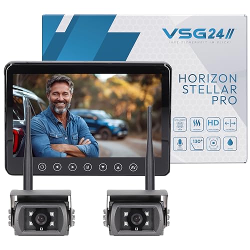 VSG24 Horizon STELLAR PRO 7" Funk Rückfahrkamera Set – 2 x Wetterfeste IP69K Kamera mit integrierter Heizung & Mikrofon, 130° Weitwinkel, Nachtsicht, 1080P HD digital Multiscreen - zum nachrüsten von VSG