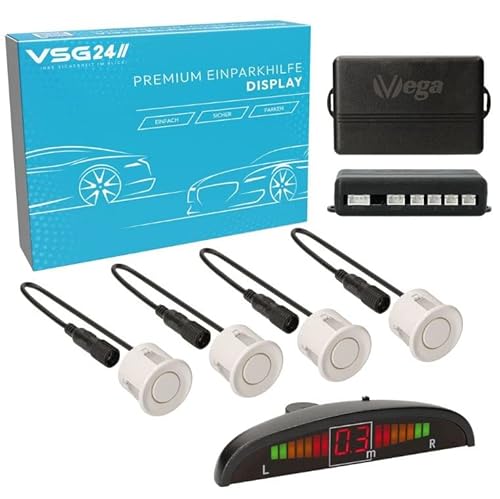 VSG24 Premium Einparkhilfe VORNE mit Display zum nachrüsten am Auto, PDC Parksensoren hinten mit Stecksystem für einfachste Montage - 4 Rückfahrwarner Sensoren Parkhilfe Nachrüstsatz Weiß von VSG