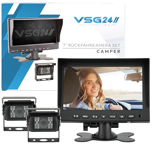VSG24 Rückfahrkamera 7" Starter-Set Wohnmobil inkl. 2 Kameras in Schwarz, Monitor, Kabel & Fernbedienung – Wasserdicht Nachtsicht 12V-24V / Robustes Rückfahrsystem für Wohnwagen Wohnmobile von VSG
