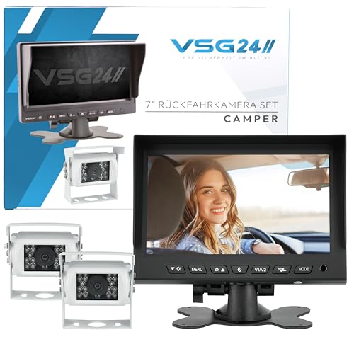 VSG24 Rückfahrkamera 7" Starter-Set Wohnmobil inkl. 2 Kameras in Weiß, Monitor, Kabel & Fernbedienung – Wasserdicht Nachtsicht 12V-24V / Robustes Rückfahrsystem für Wohnwagen Wohnmobile von VSG