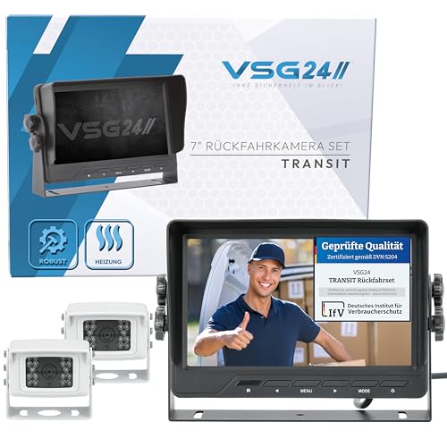 VSG24 Rückfahrkamera 7" Transporter-Set Transit inkl. 2 x Kamera, Monitor, Kabel - Wasserdicht Nachtsicht 12V-24V Robustes Rückfahrsystem für Auto Wohnwagen LKW Anhänger Wohnmobile Einparkhilfen weiß von VSG
