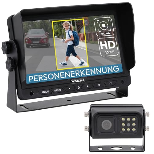 VSG24 Vision AI PRO 7" Rückfahrkamera Set mit KI-Assistent, Personenerkennung & akustischer Warnung - Wetterfeste IP68 Kamera mit integrierter Heizung & Nachtsicht, HD Monitor, zum nachrüsten von VSG
