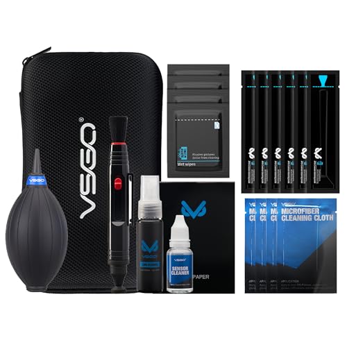 VSGO Professional Kamera Reinigungsset mit Objektiv Reinigungsstift Luftgebläse Reinigungsflüssigkeit, kompatibel für Canon, Nikon, Sony DSLR Kameras (20-in-1 Kit mit APS-C Tupfern) von VSGO