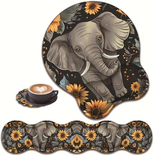 3-in-1-Tastatur-Handgelenkauflage + Mauspad und Untersetzer, ergonomisches Gel-Mauspad und Tastatur-Pad-Set, bequem, leicht für einfaches Tippen, Schmerzlinderung, Baby-Elefant und Sonnenblume 3-in-1-Tastatur-Handgelenkauflage + Mauspad und Untersetzer, ergonomisches Gel-Mauspad und Tastatur-Pad-Set, bequem, leicht für einfaches Tippen, Schmerzlinderung, Baby-Elefant und Sonnenblume von VSHSEEOM