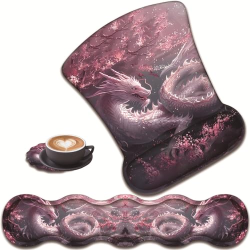 3-in-1-Tastatur-Handgelenkauflage + Mauspad und Untersetzer, ergonomisches Gel-Mauspad und Tastatur-Pad-Set, bequem, leicht für einfaches Tippen, Schmerzlinderung, Kirschrosa Drache 3-in-1-Tastatur-Handgelenkauflage + Mauspad und Untersetzer, ergonomisches Gel-Mauspad und Tastatur-Pad-Set, bequem, leicht für einfaches Tippen, Schmerzlinderung, Kirschrosa Drache von VSHSEEOM