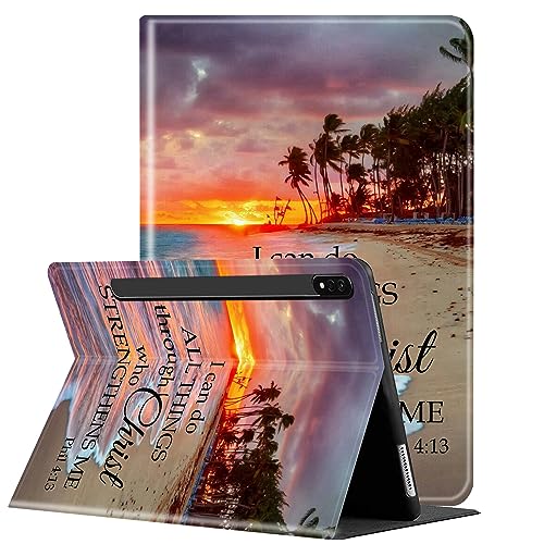 Schutzhülle für Samsung Galaxy Tab S8 Plus 2022/ Tab S7 FE 5G 2021/ Tab S7 Plus 2020 Tablet 12,4 Zoll, Multi-Winkel-Halterung mit automatischer Schlaf-/Wach-Schutzhülle, Sonnenuntergang Strand von VSHSEEOM