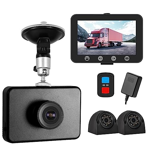 VSYSTO 3-Kanal WiFi 4.5 Zoll Bildschirm LKW Kamera, Wasserdichtes Vorderseite 1080P Seite 720P Kamera Infrarot-Nachtsicht Objektiv Dashcam, GPS, G-Sensor, Loop-Aufnahme (4.5 Zoll + Kameras x 3) von VSYSTO