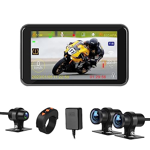 VSYSTO 4,5-Zoll-Bildschirm WiFi Motorrad Kamera, wasserdichte HD 1080P Selfie & Vorder- und Rückfahrkamera 150 ° Weitwinkel Motorrad Dashcam, Parküberwachung, GPS (F4.5Pro) von VSYSTO