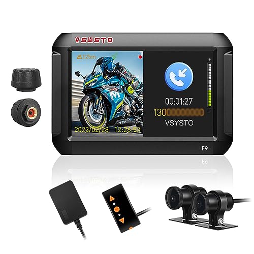 VSYSTO 4'' Bildschirm WiFi Motorrad Dash Cam, Telefon Assistent Modus, Reifendrucksensoren, GPS, Temperatursensor, Parküberwachung, HD 1080P IMX307 Front- und Rückfahrkameras (F9L) von VSYSTO