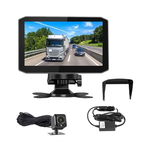 VSYSTO Backup-Kamera für LKW, 7-Zoll-Monitor-Rückfahrkamera mit Sonnenblende Infrarot-Nachtsichtobjektiv-Rückfahrkamera für Sattelanhänger LKW Van Traktor RV (Schwarz) von VSYSTO