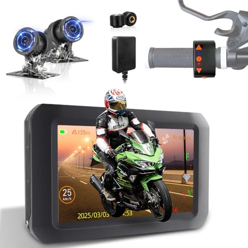 VSYSTO Motorrad-Armaturenbrettkamera, 150°-Weitwinkel-Kamera für Motorrad, 10,2 cm (4 Zoll) HD-Bildschirm mit Rückfahrhilfe und kabelgebundenem Controller, Sternenlicht-Nachtsicht, Dashcam vorne und von VSYSTO