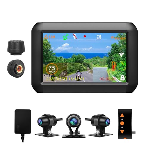 VSYSTO Motorrad Rückfahrkamera,4'' Bildschirm WiFi Motorrad Dash Cam mit TPMS GPS HD 1080P Front und 720P linke und rechte Kamera, Telefon Assistent Modus Temperatursensor Parküberwachung(Schwarz-F3M) von VSYSTO