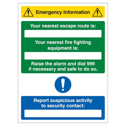 V Safety Emergency Information – Nearest Escape Route/Fire Fighting Equipment Is 450 x 600 mm – selbstklebendes Vinyl-Sicherheitsschild von VSafety