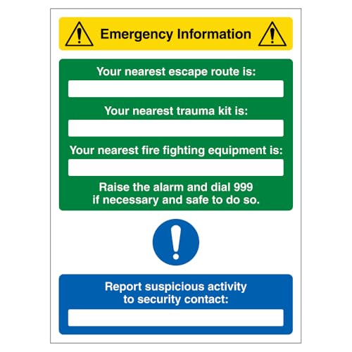 V Safety Emergency Information – Nearest Escape Route/Trauma Kit/Fire Equipment Is 450 x 600 mm, 3 mm Aluminiumverbund-Sicherheitsschild V Safety Emergency Information – Nearest Escape Route/Trauma Kit/Fire Equipment Is 450 x 600 mm, 3 mm Aluminiumverbund-Sicherheitsschild von VSafety