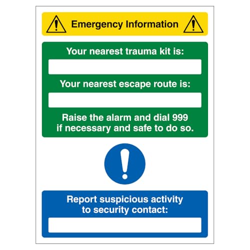 V Safety Emergency Information – Nearest Trauma Kit/Escape Route Is 450 x 600 mm – 3 mm Aluminiumverbund-Sicherheitsschild V Safety Emergency Information – Nearest Trauma Kit/Escape Route Is 450 x 600 mm – 3 mm Aluminiumverbund-Sicherheitsschild von VSafety