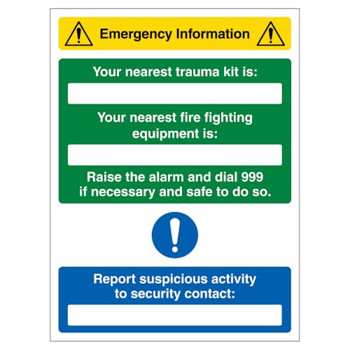 V Safety Emergency Information – Nearest Trauma Kit/Fire Equipment Is 450 x 600 mm – 3 mm Aluminiumverbund-Sicherheitsschild V Safety Emergency Information – Nearest Trauma Kit/Fire Equipment Is 450 x 600 mm – 3 mm Aluminiumverbund-Sicherheitsschild von VSafety