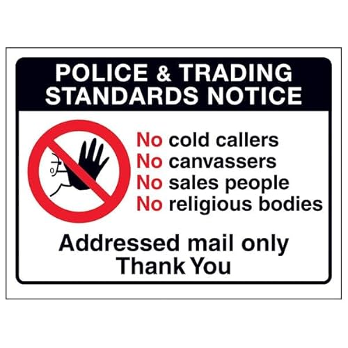 V Safety Police & Trading Standards Notice, No Cold Callers... 200 x 150 mm – selbstklebendes Vinyl – Aluminiumeffekt-Sicherheitsschild V Safety Police & Trading Standards Notice, No Cold Callers... 200 x 150 mm – selbstklebendes Vinyl – Aluminiumeffekt-Sicherheitsschild von VSafety