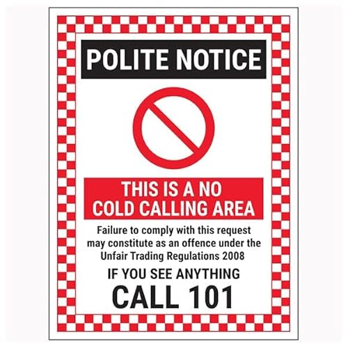 V Safety Polite Notice/This Is A No Cold Calling Area/Failure To Comply/If You See Anything Call 101 Rot 200 x 300 mm – Selbstklebendes Vinyl – Aluminiumeffekt-Sicherheitsschild V Safety Polite Notice/This Is A No Cold Calling Area/Failure To Comply/If You See Anything Call 101 Rot 200 x 300 mm – Selbstklebendes Vinyl – Aluminiumeffekt-Sicherheitsschild von VSafety