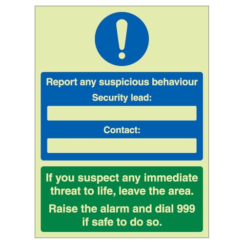 V Safety Report Any Suspicious Behaviour Hinweisschild, leuchtet im Dunkeln, selbstklebend, Vinyl, 300 x 400 mm von VSafety